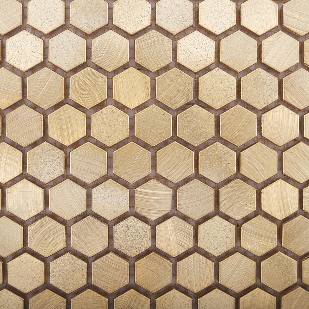 Detailed chip texture and layout of mini gold hexagon aluminum wall tile