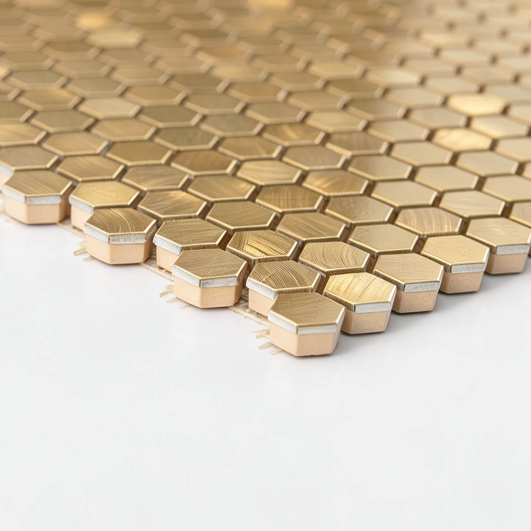 Cross section view showing composite layers of mini gold hexagon aluminum wall tile
