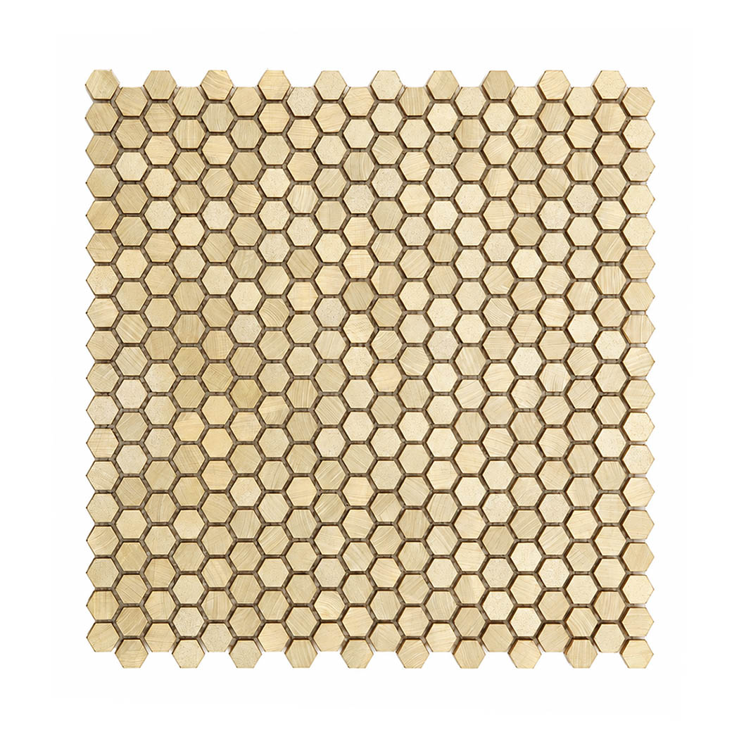 Overhead product display of mini gold hexagon aluminum wall tile sheet
