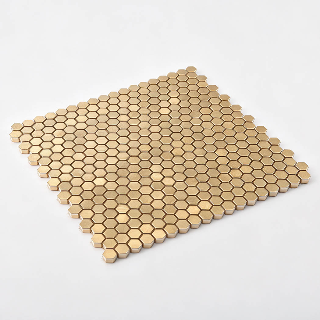 3D perspective presentation of mini gold hexagon aluminum wall tile sheet