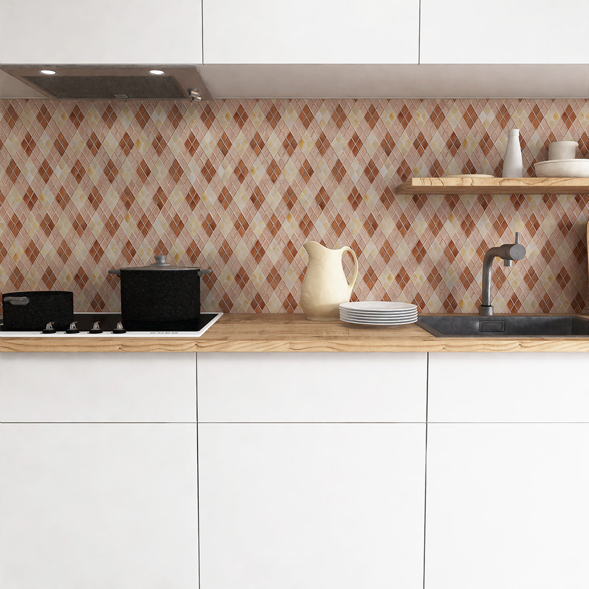 Minimalist kitchen with wood countertop and orange diamond tile backsplash