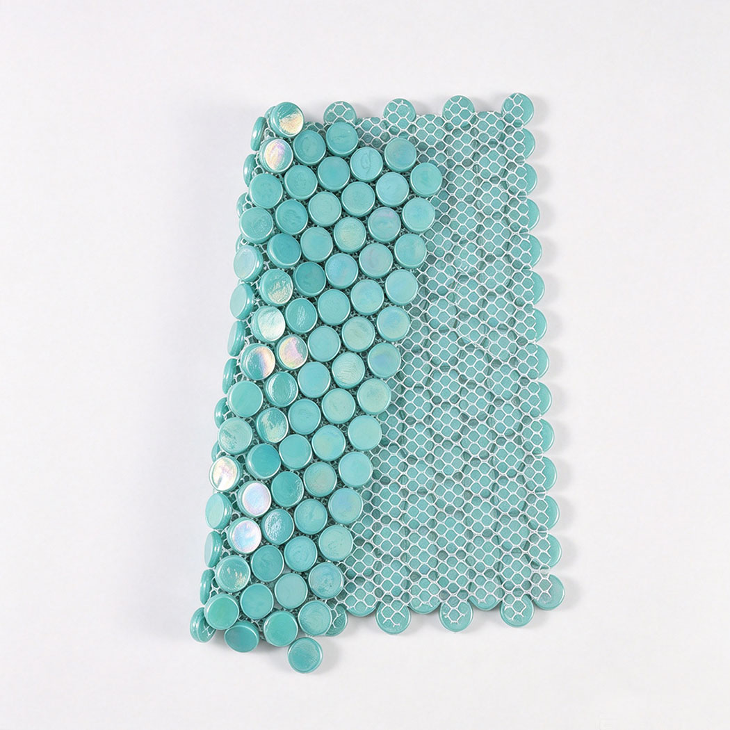 Mesh backing of mint green iridescent round glass mosaic tile sheet