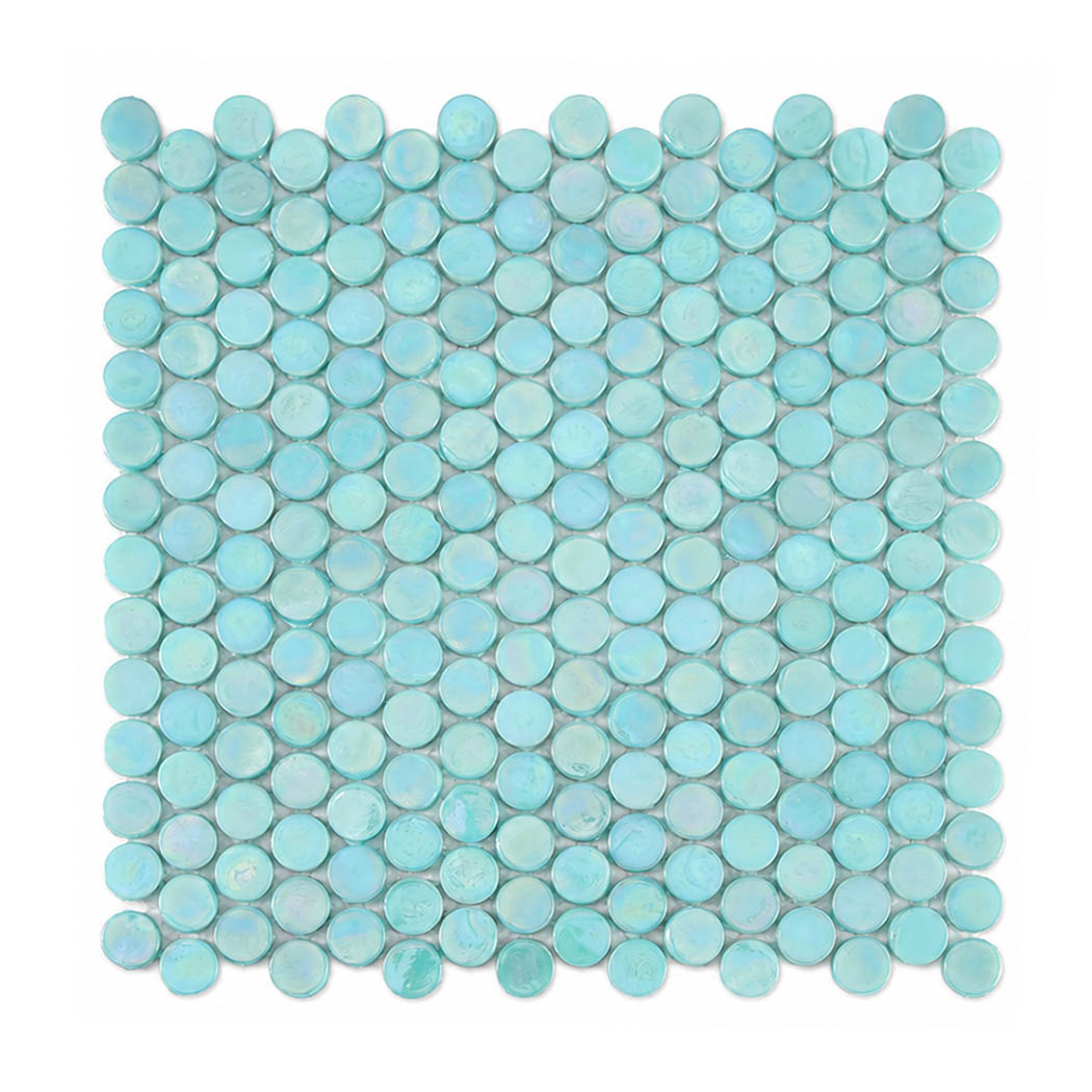 Mint green iridescent round glass mosaic tile sheet on a white background