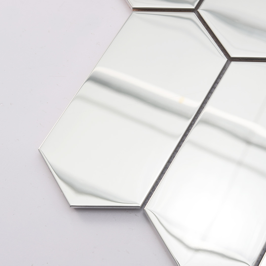 Close up detail of mirror silver elongated hexagon metal mosaic tile