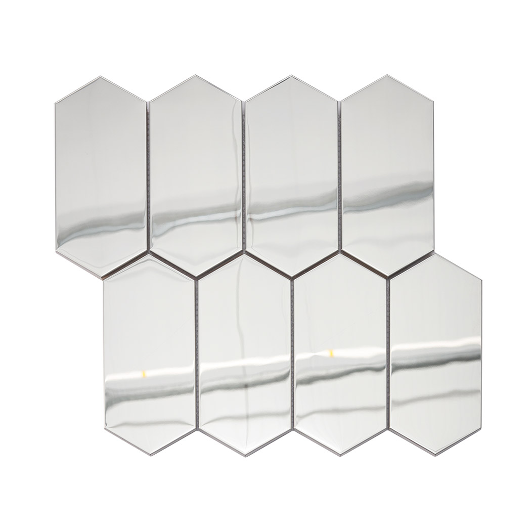 Front view of mirror silver elongated hexagon metal mosaic tile sheet.