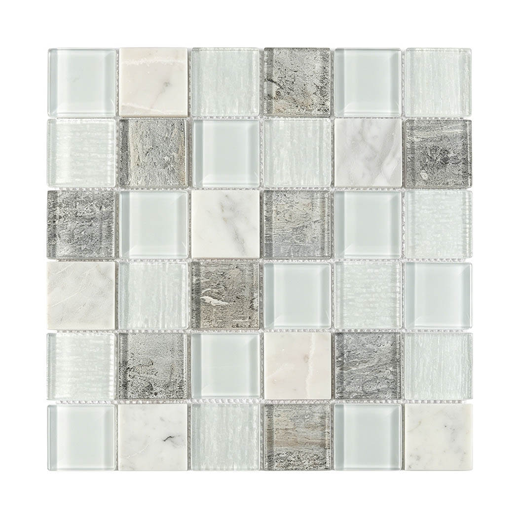 Mixed frosted aqua gray and white square mosaic tile front view
