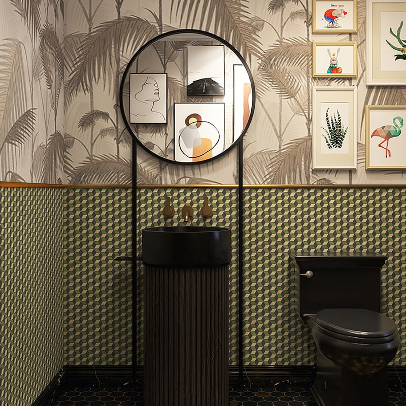 Modern bathroom with round mirror, black sink, geometric tiles, and botanical wallpaper.