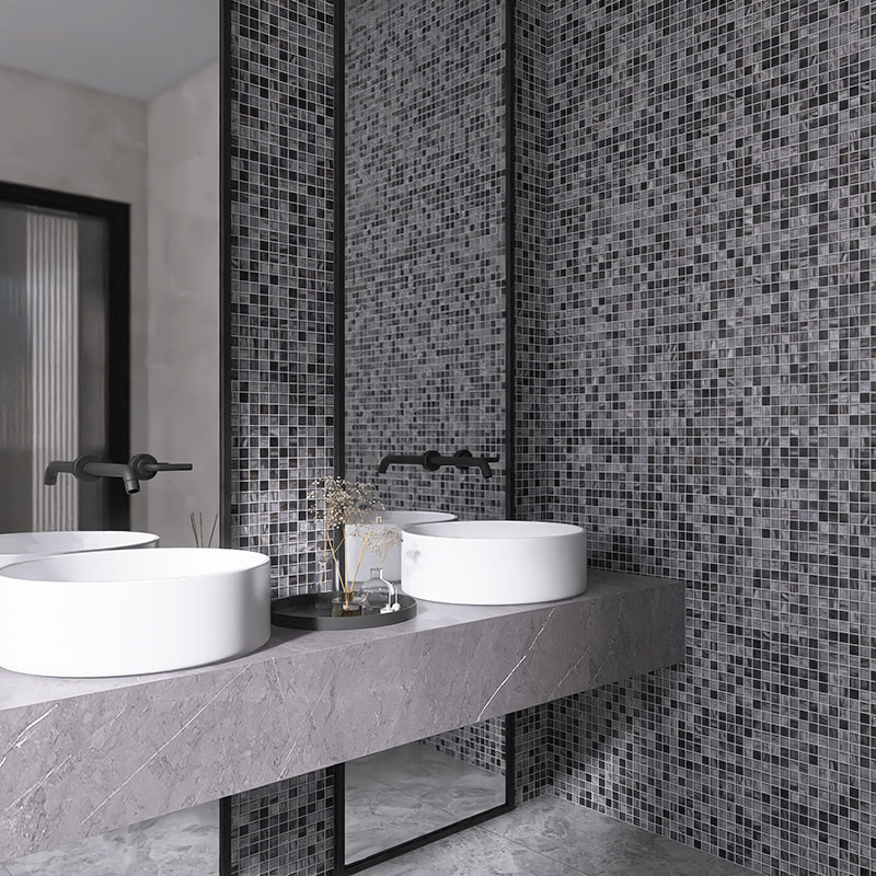 Modern bathroom with dark grey and amber glass mosaic vanity