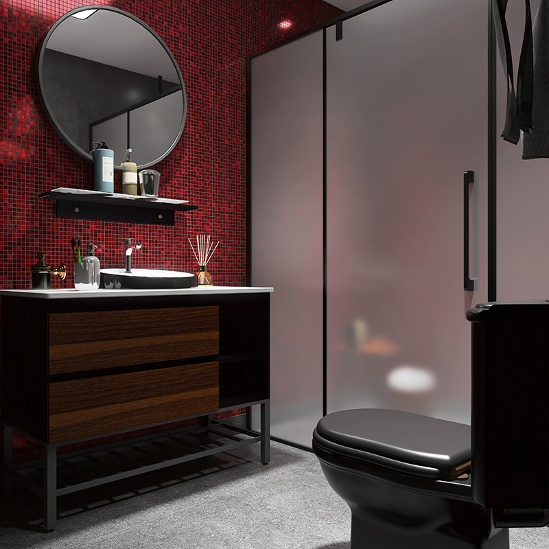 Red mosaic tiles with gold foil in modern bathroom vanity