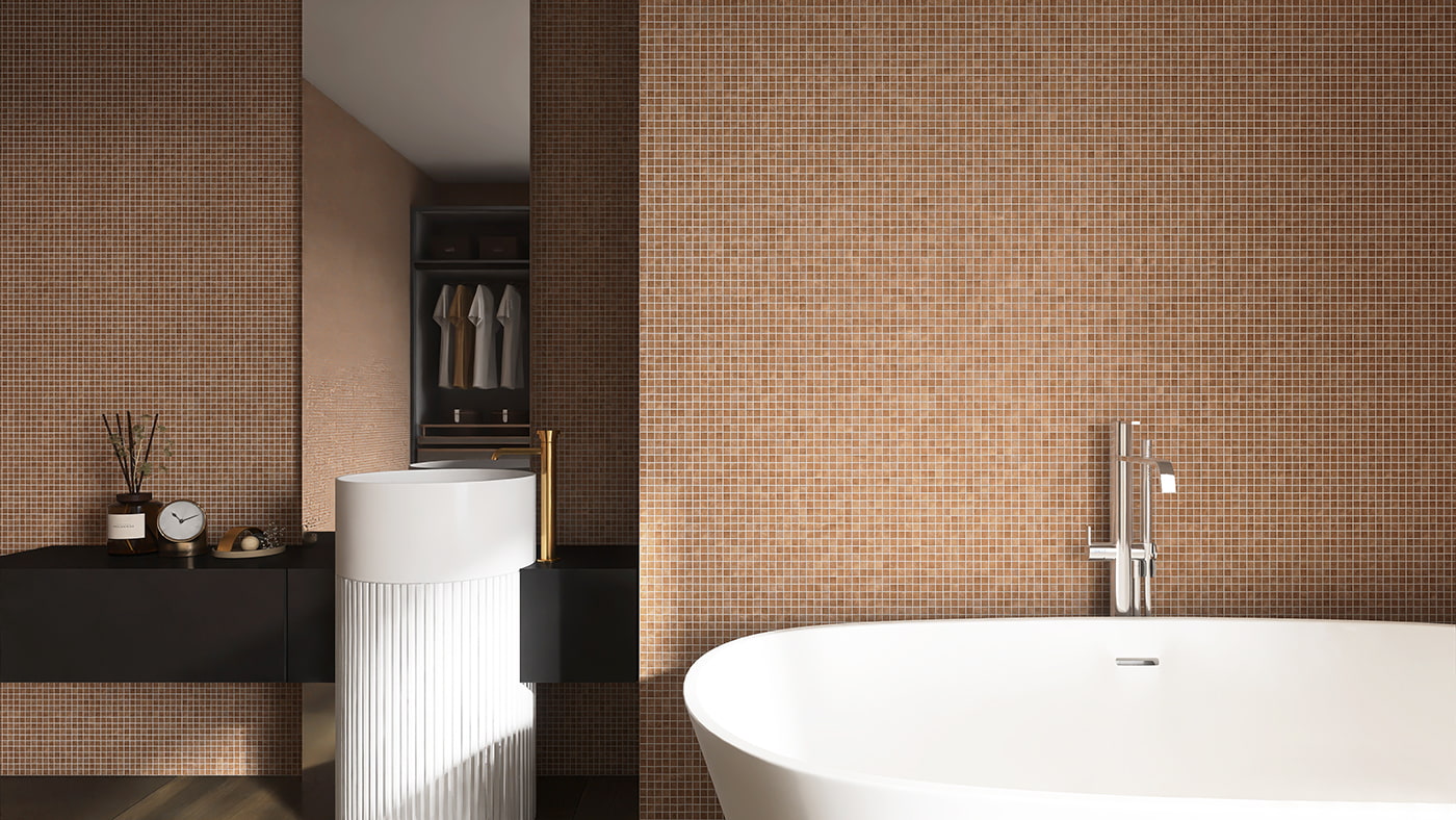 Modern bathroom featuring light brown mosaic tiles with a calm, soft finish