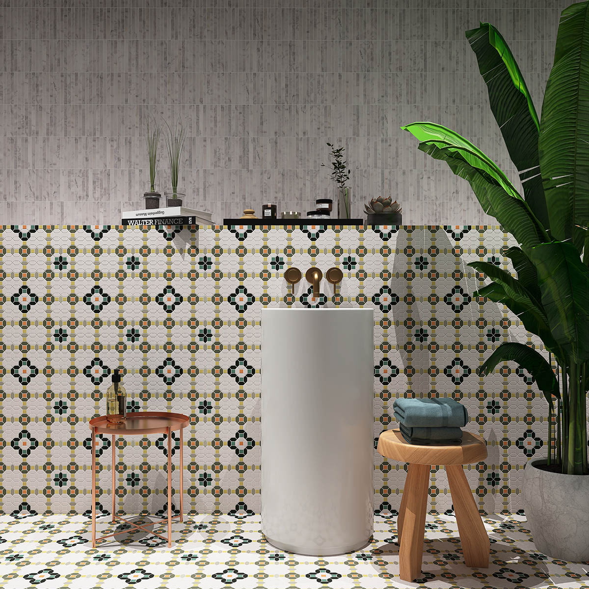 Floral Patterned Green and White Glass Mosaic