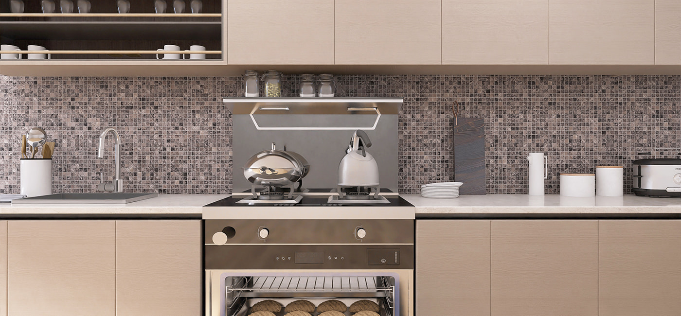 Full kitchen backsplash wall with gray mosaic tiles in neutral-toned interior