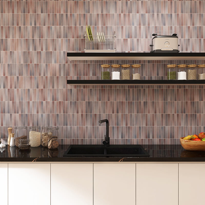 Modern kitchen with black sink, open shelves, and spice jars