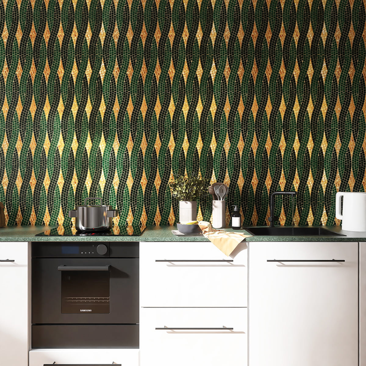 Modern kitchen with green and gold wave pattern mosaic backsplash