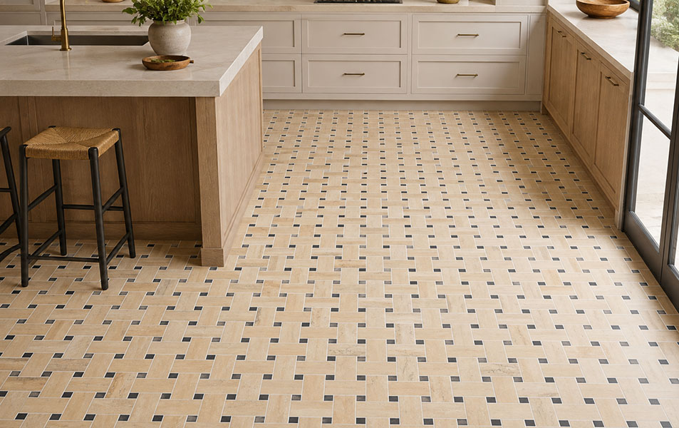 Modern kitchen with beige basketweave travertine floor tiles and wood cabinets