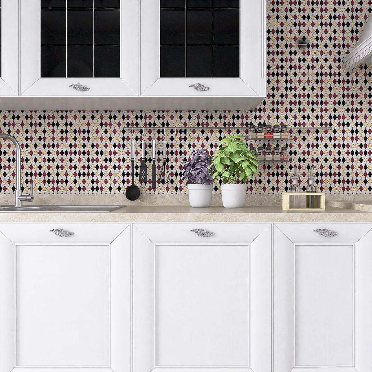 Modern kitchen with white cabinets and colorful diamond mosaic backsplash