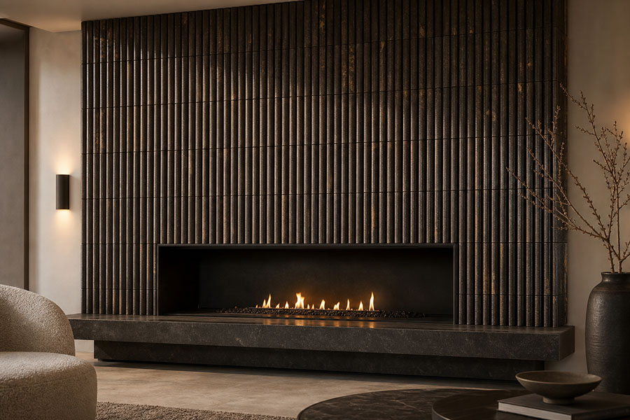 Modern fireplace wall with aged bronze fluted tiles and warm living room decor