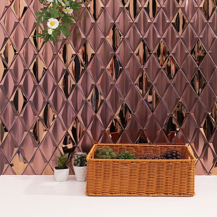 Modern wall decorated with rose gold stainless steel 3D diamond mosaic tiles and basket