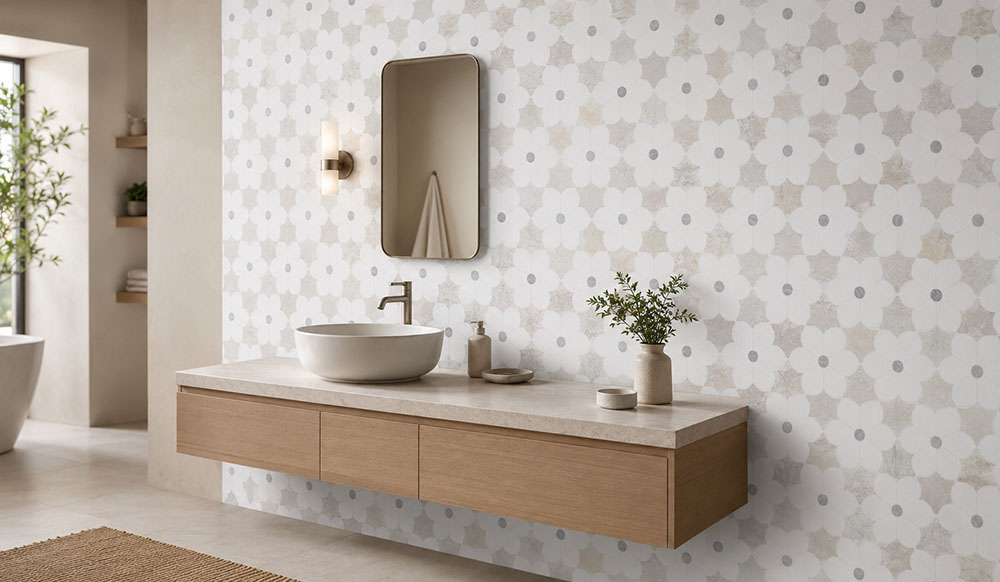 Modern washroom tiles with white floral marble mosaics behind a floating wood vanity