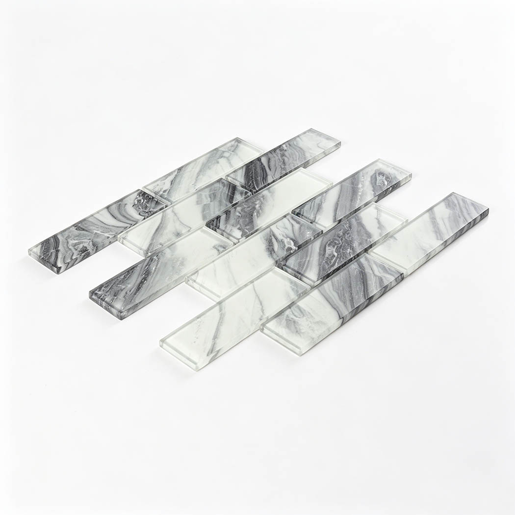 Black gray marble glass subway tile sample in staggered flat lay