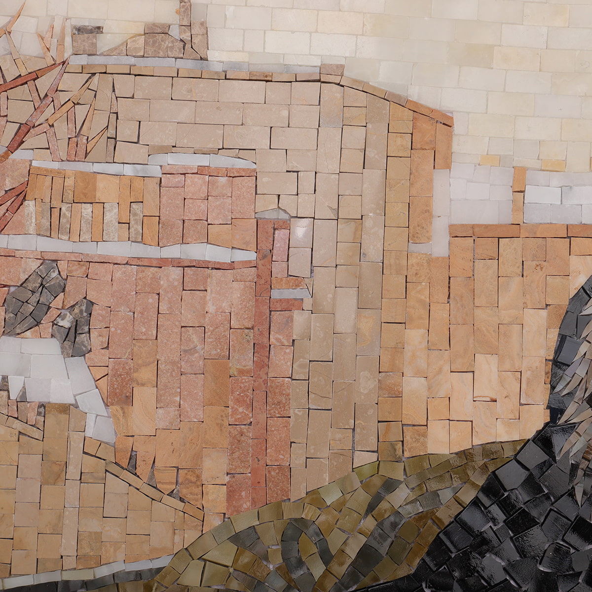 Close-up of mosaic depicting winter buildings and city scene