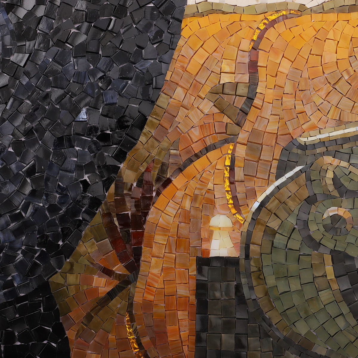 Mosaic section showing carriage interior in amber and gold tones