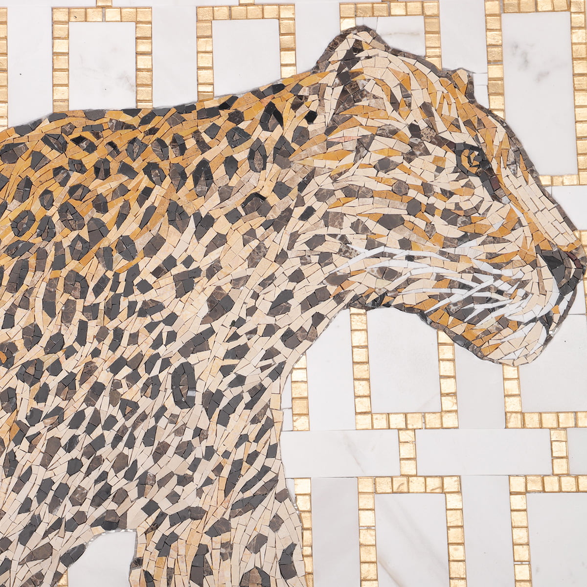 Close-up of a leopard's face and fur in glass and marble mosaic tiles
