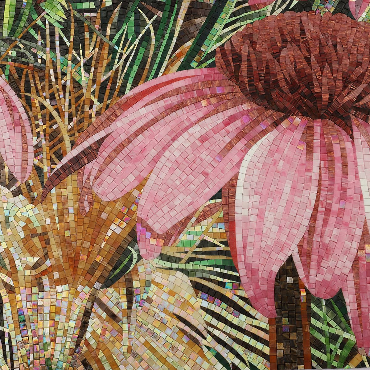 Detailed handmade mosaic mural of purple coneflower flower