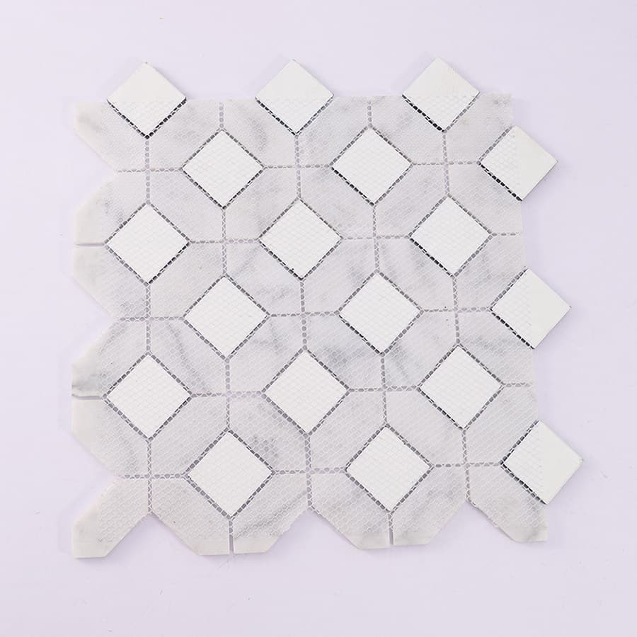 Back view of mosaic tile sheet showing mesh backing for easy installation.