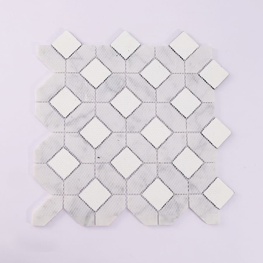 Back view of mosaic tile sheet showing white mesh backing.