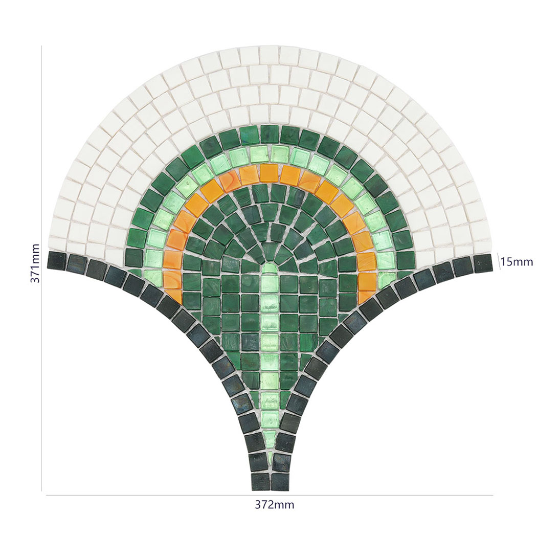 Dimensions of fan-shaped mosaic tile: 372mm width by 371mm height.