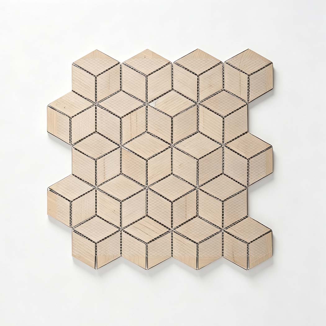 Back view of 3D cube mosaic tile sheet showing mesh backing.