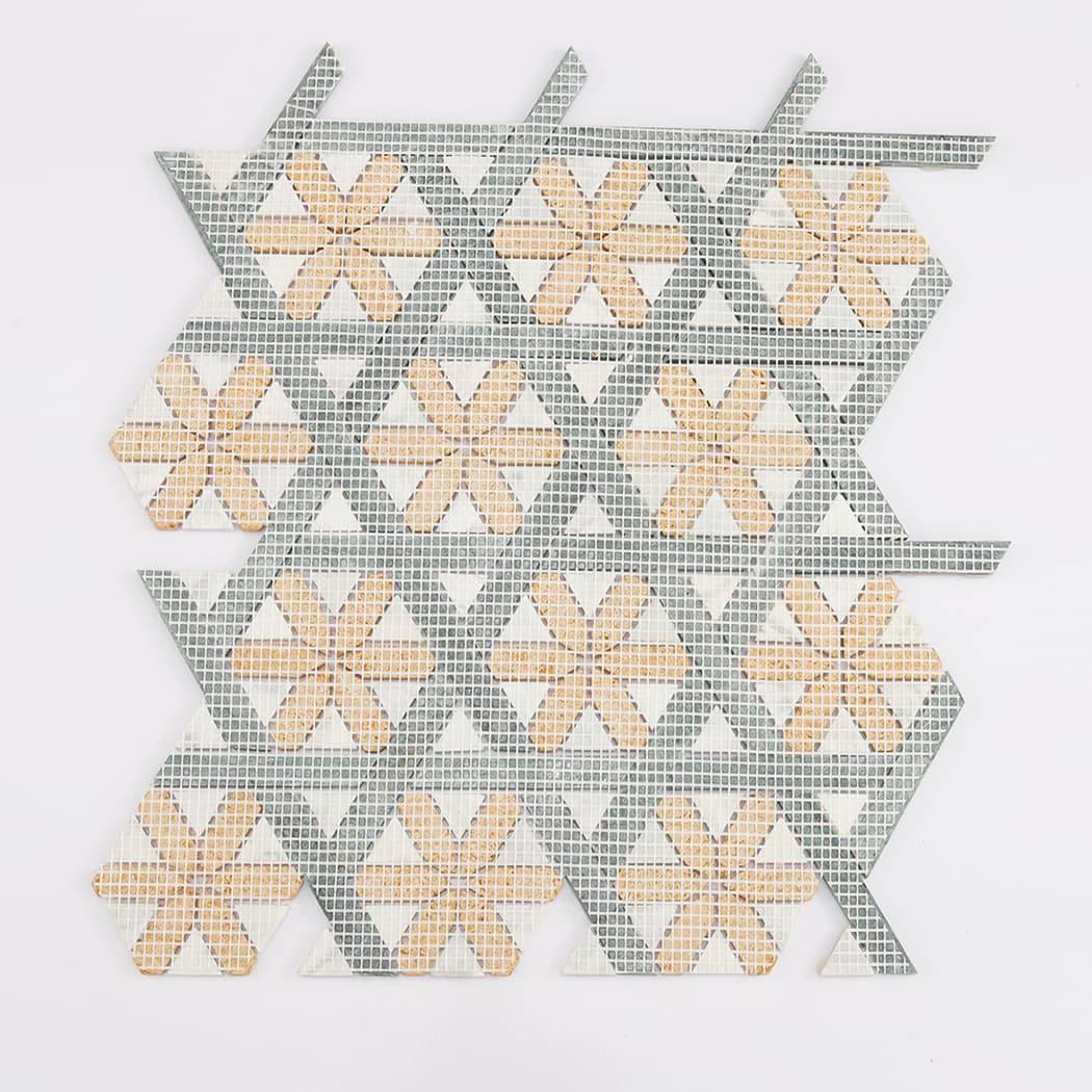 Back view of the marble mosaic tile sheet showing the white fiberglass mesh support.