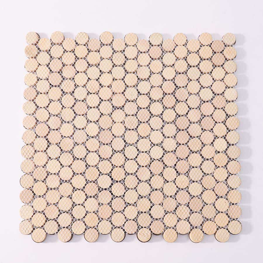 Back view of round mosaic tile sheet with mesh backing