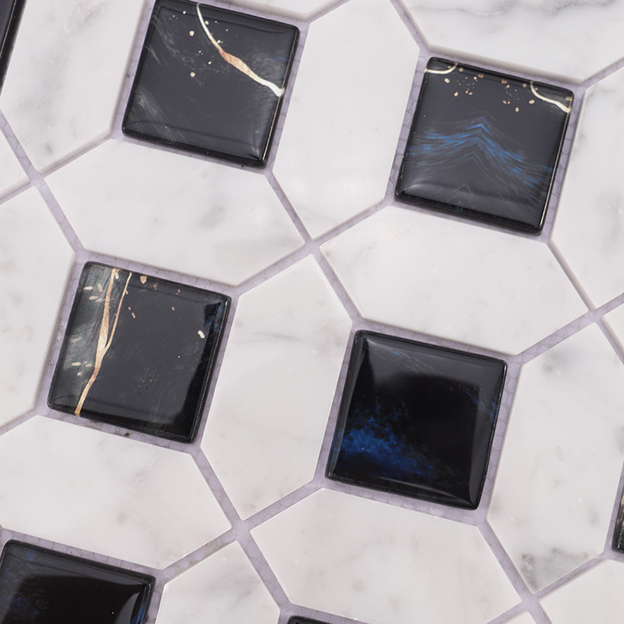Close-up of black glass and marble texture on mosaic tile surface.
