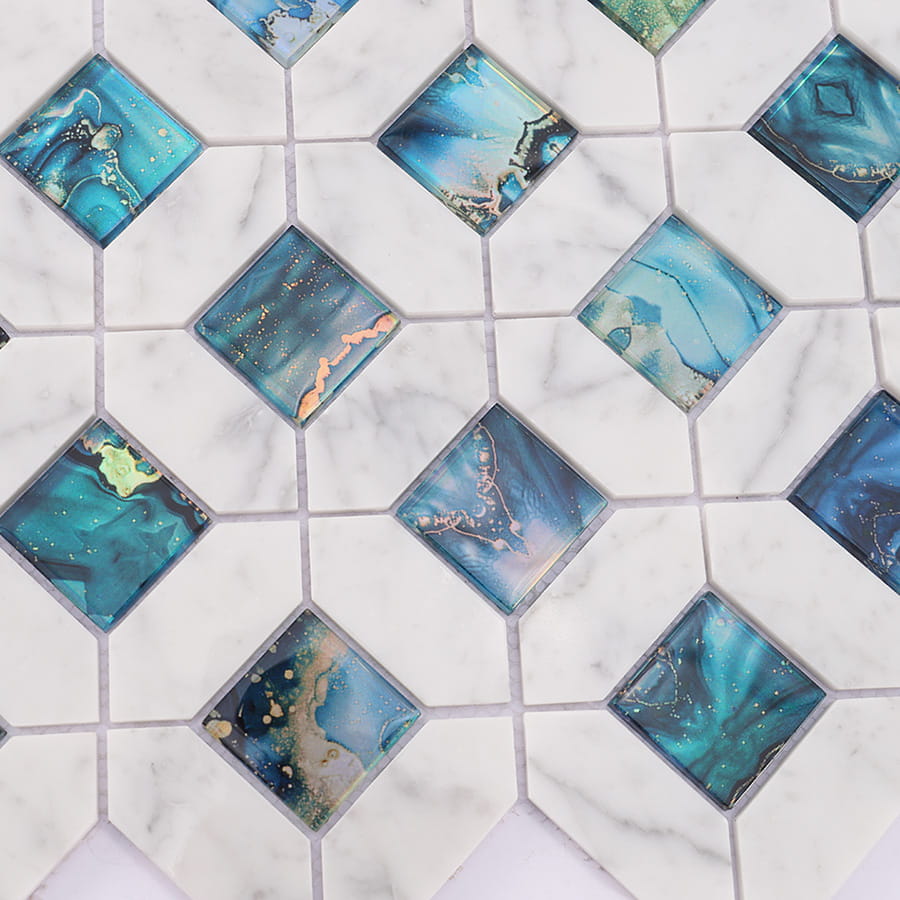 Close-up of blue glass and marble texture on mosaic tile surface.