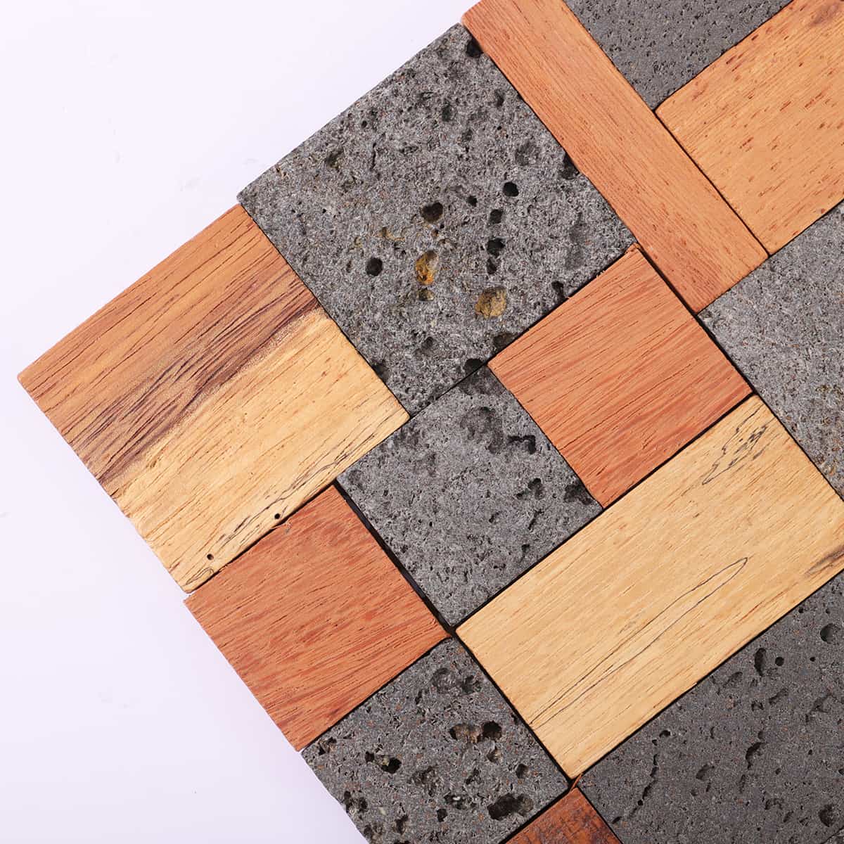 Angled corner shot of wood and lava stone mosaic