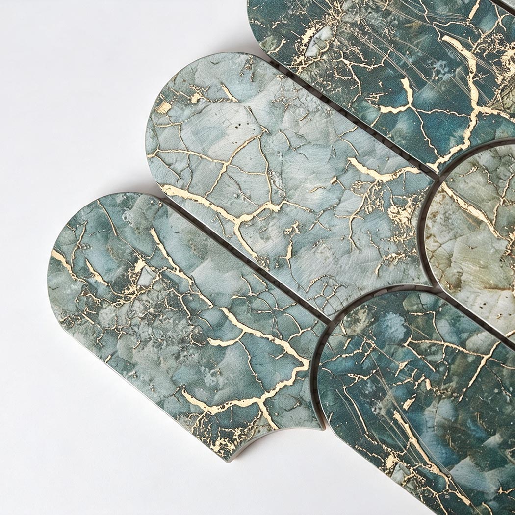 Macro shot of rounded top edge on moss green gold fish scale tile