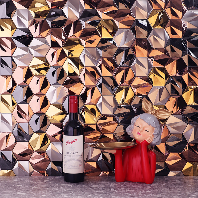 3D metallic multicolor mosaic tile wall with geometric shine effect