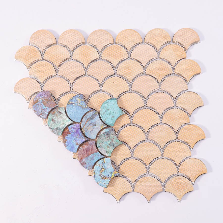 Back mesh view of multicolor fish scale mosaic tile sheet