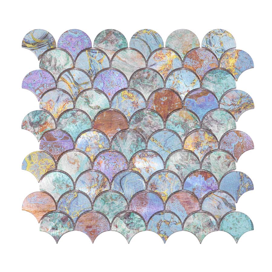 Front view of multicolor fish scale mosaic wall tiles
