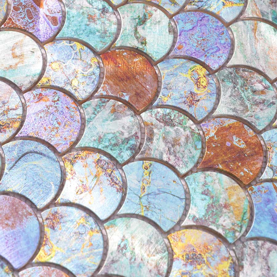 Surface detail of multicolor fish scale mosaic wall tiles