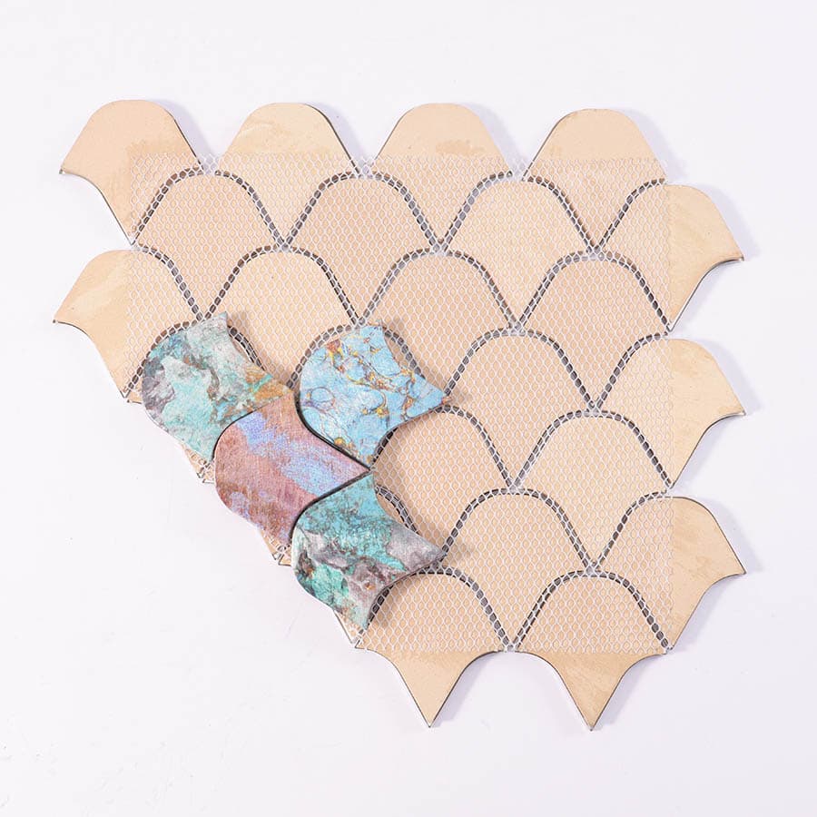 Back mesh view of multicolor large fish scale aluminum mosaic tile sheet