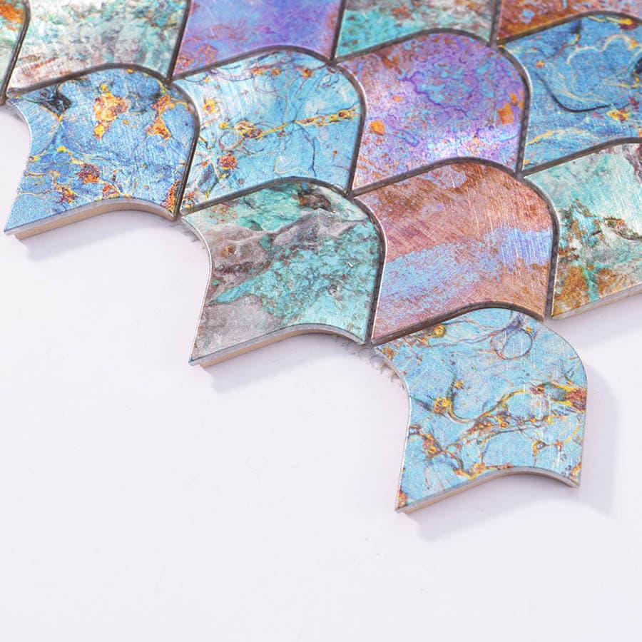 Edge closeup of multicolor large fish scale aluminum mosaic tiles
