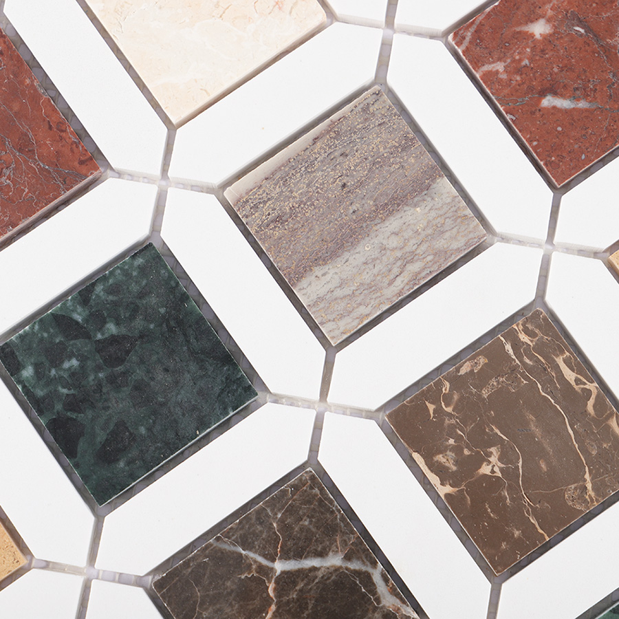 Detailed view of multicolor marble mosaic pattern with white framing.