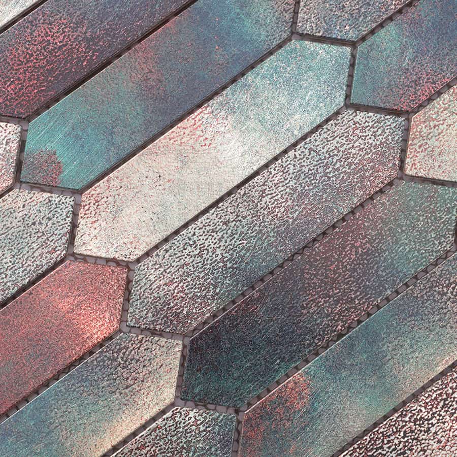 Close-up of multicolor picket aluminum mosaic metal tile surface details