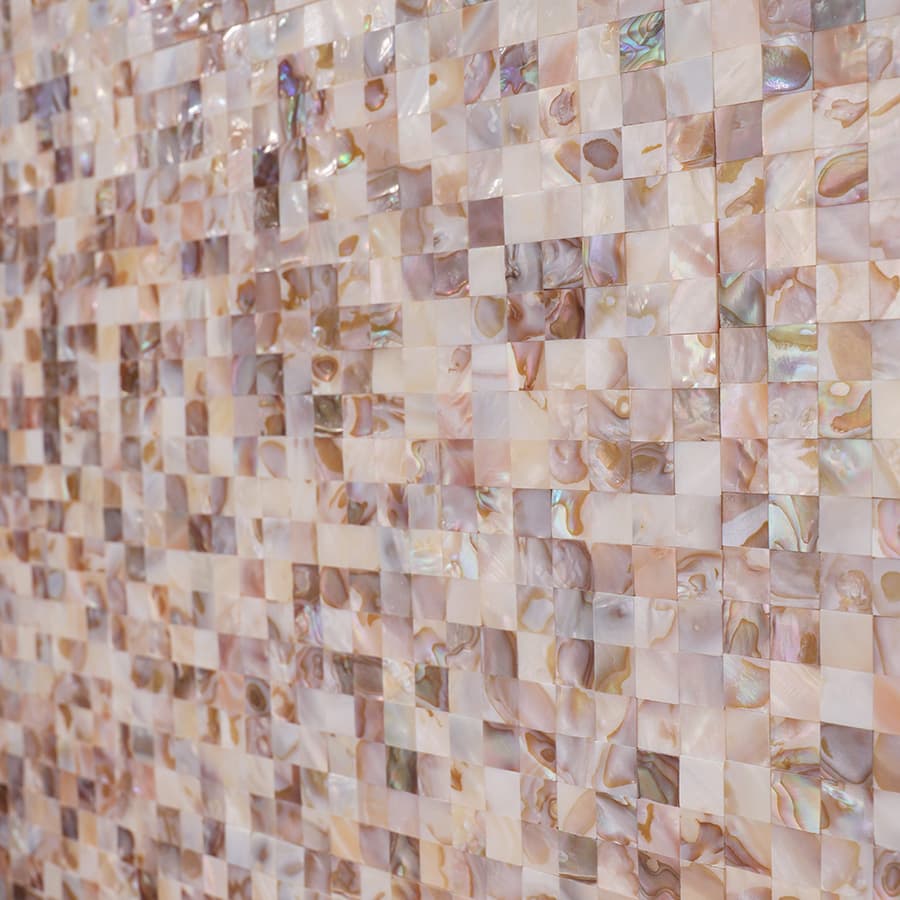  Iridescent natural shell mosaic tile wall from side angle