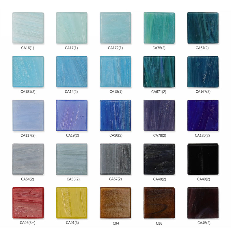 Water glass mosaic tile chart with blue, purple, grey, black, red and brown samples