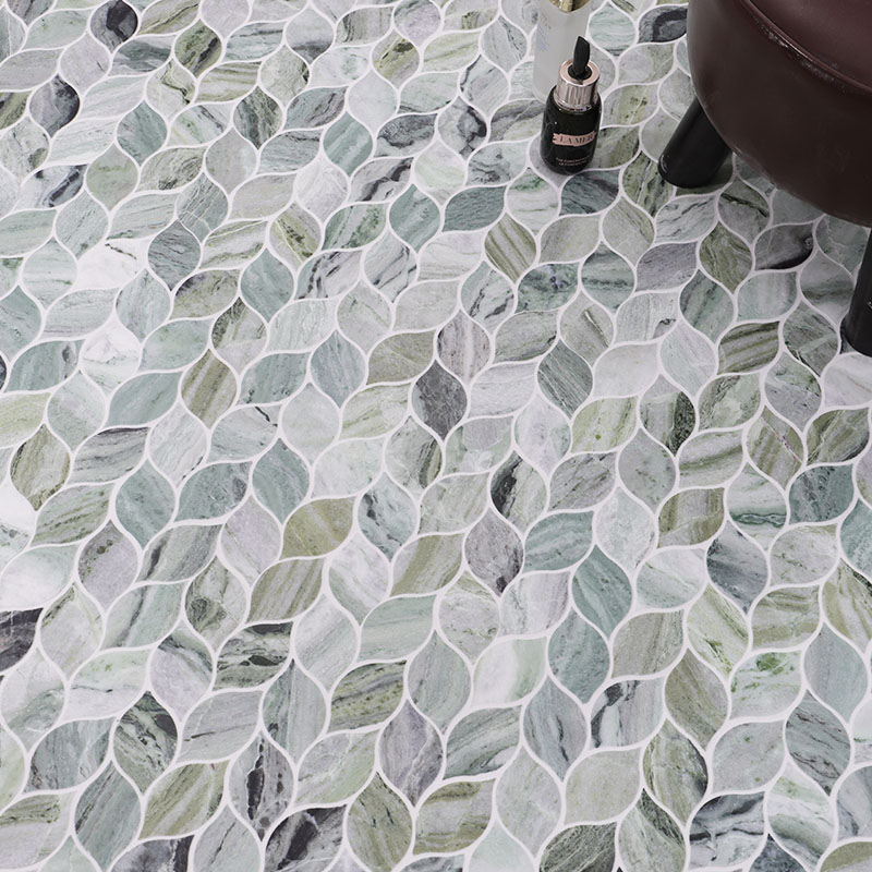 Natural green marble leaf mosaic tile with white grout for bathroom floor