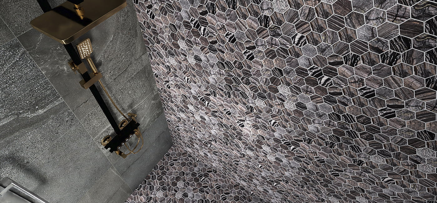  Close-up of grey striped hex marble mosaic tile texture 